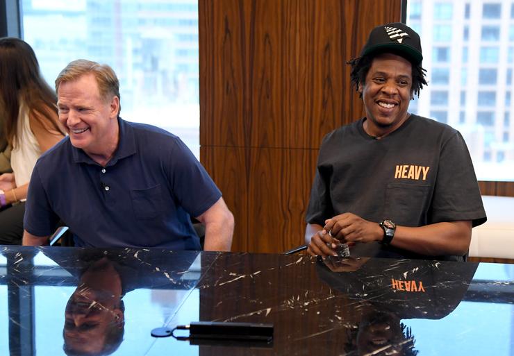 NFL Commissioner Roger Goodell and Jay-Z at the announcement of the NFL partnership at Roc Nation on Aug. 14, 2019 in New York City.
