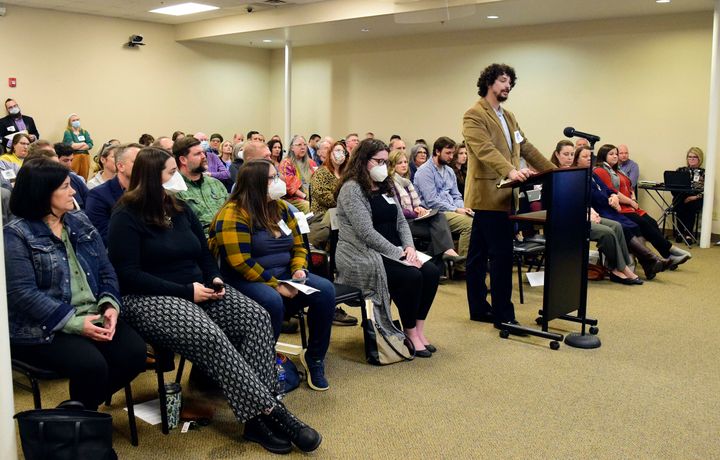 James Cockrum speaks before the McMinn County School Board in a packed meeting room, Thursday, Feb. 10, 2022, in Athens, Tenn. (Robin Rudd/Chattanooga Times Free Press via AP)