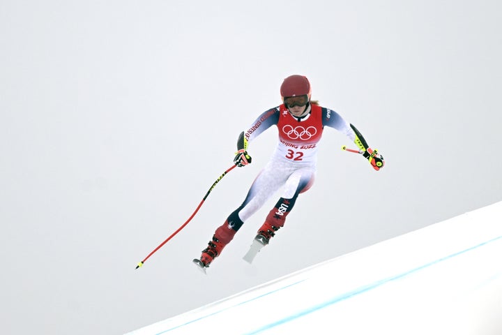 Mikaela Shiffrin, pictured in a practice downhill run on Saturday, finished ninth-fastest of 46 starters and fifth among those who didn't miss a gate.
