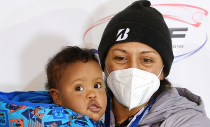 Elana Meyers Taylor and son Nico at a competition in January.