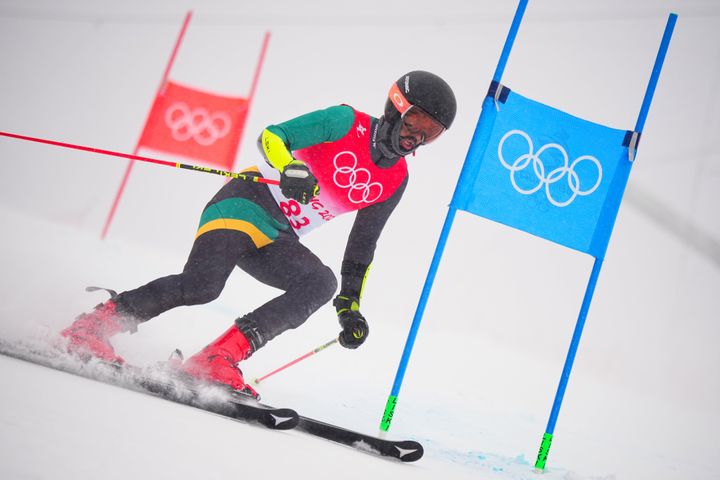 Benjamin Alexander of Jamaica competes in the giant slalom at the Beijing Winter Olympics.