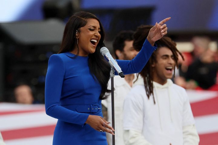 Country music artist Mickey Guyton performs before the Super Bow on Sunday, Feb. 13, in Inglewood, Calif.