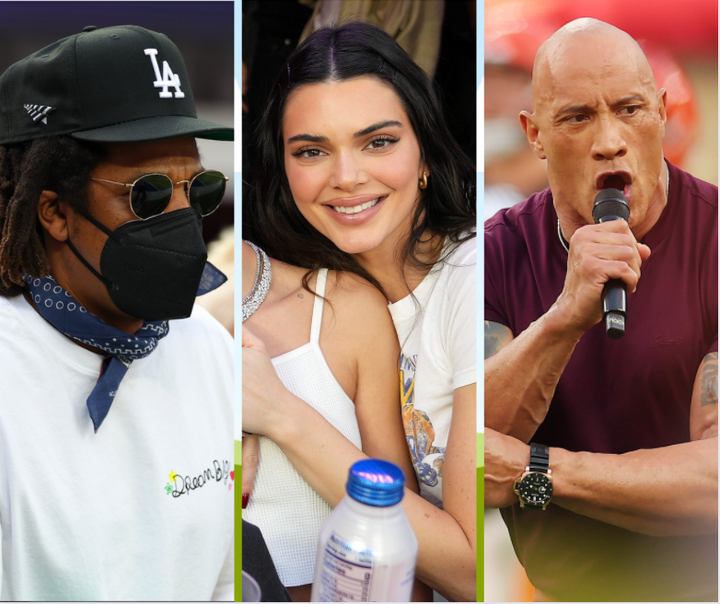 Celebrities showed up for the Super Bowl, including Jay Z, Kendall Jenner and Dwayne "The Rock" Johnson.