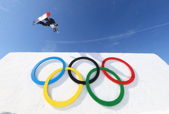 Chris Corning of the United States is seen on a big air qualification run on Feb 14, 2022 in Beijing, China.