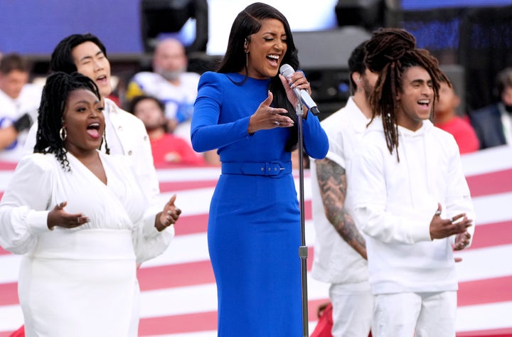 Mickey Guyton performs the national anthem at Super Bowl LVI at SoFi Stadium on February 13, 2022 in Inglewood, California.