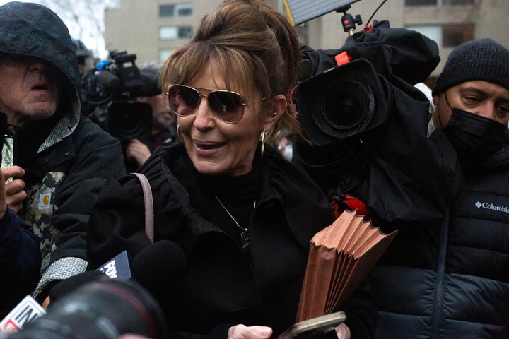 Former Alaska Gov. Sarah Palin outside federal court in New York on Feb. 3, 2022.