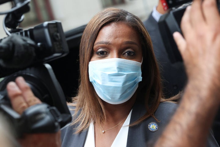 New York Attorney General Letitia James leaves after attending Trump Organization CFO Allen Weisselberg's arraignment hearing in the New York State Supreme Court in the Manhattan borough of New York City on July 1, 2021.