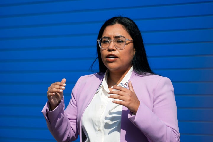 Democratic congressional candidate Jessica Cisneros speaks to the media before a rally with Rep. Alexandria Ocasio-Cortez (D-N.Y.) in San Antonio on Saturday.