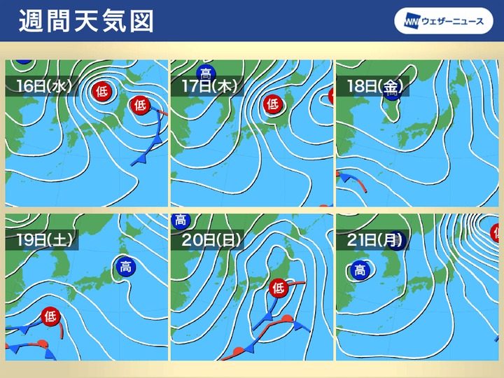 週間天気図 16日(木)〜21日(月)