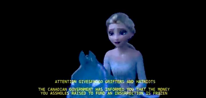 The GiveSendGo site was taken over by a "Frozen" video clip — with a message.