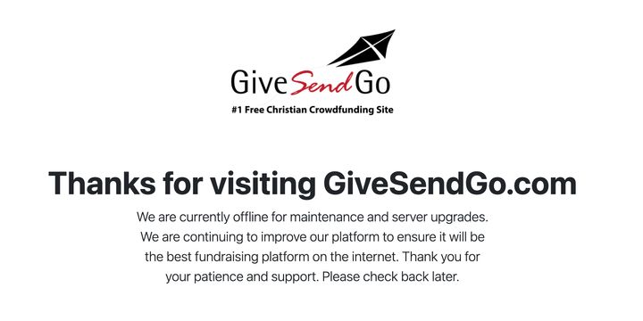 GiveSendGo site after apparent hack attack.