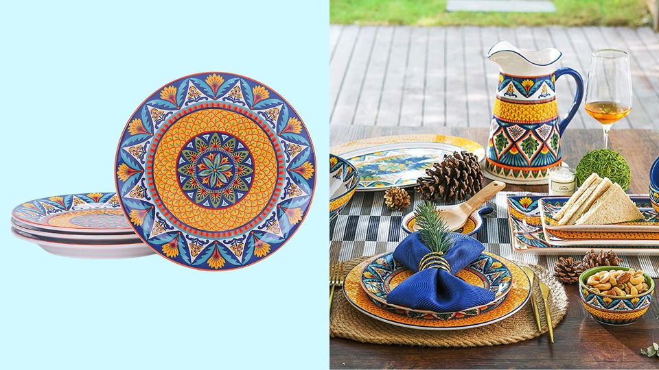 A set of four maximalist colorful salad plates