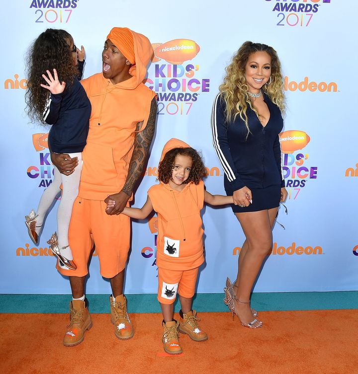 Nick Cannon and Mariah Carey with their children, Monroe and Moroccan, at the 2017 Nickelodeon Kids' Choice Awards on March 11, 2017, in Los Angeles.