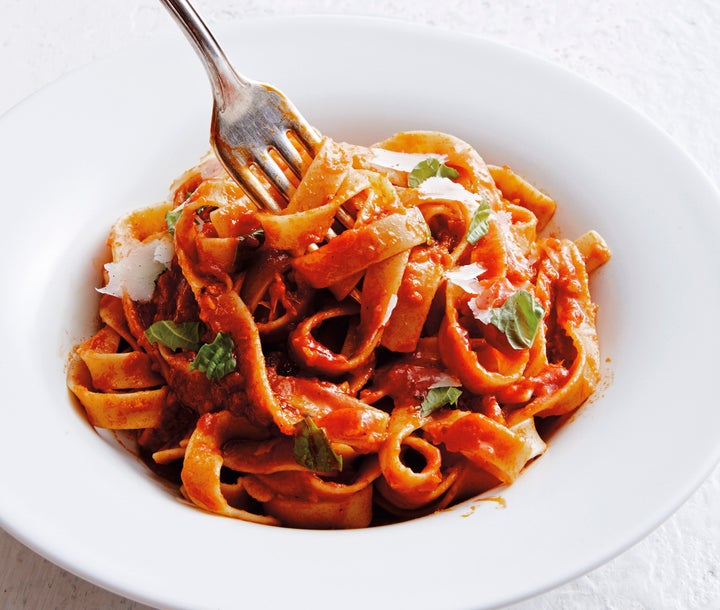 Ribbon GF pasta with tomato sauce basil and parmesan cheese