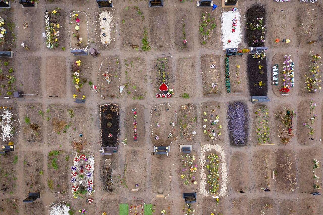 An aerial view of the extended Muslim cemetery at Manchester's Southern Cemetery, which has grown significantly during the pandemic.
