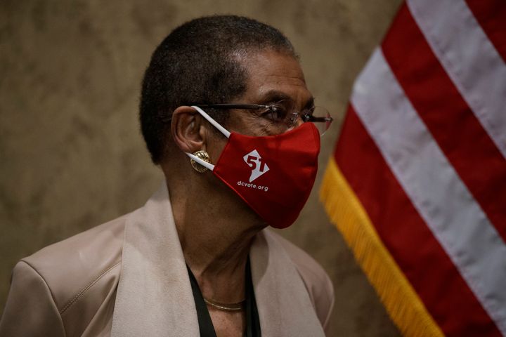 Del. Eleanor Holmes Norton (D-D.C.) wears a 51st state face mask during a news conference about D.C. statehood.