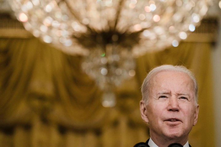 President Joe Biden delivers remarks in the East Room of the White House, giving an update on the situation with Russia and Ukraine on Tuesday, Feb. 15, 2022 in Washington, DC.