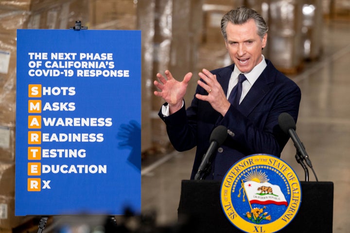 Gov. Gavin Newsom announces the next phase of California's COVID-19 response called "SMARTER," during a press conference at the UPS Healthcare warehouse in Fontana, Calif. on Feb. 17, 2022.