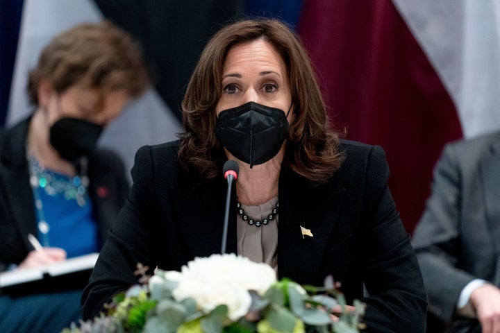 U.S. Vice President Kamala Harris addresses a multilateral meeting with the Estonian Prime Minister, the Latvian President and the Lithuanian President during the Munich Security Conference on February 18, 2022. (Photo by Andrew Harnik / POOL / AFP via Getty Images)