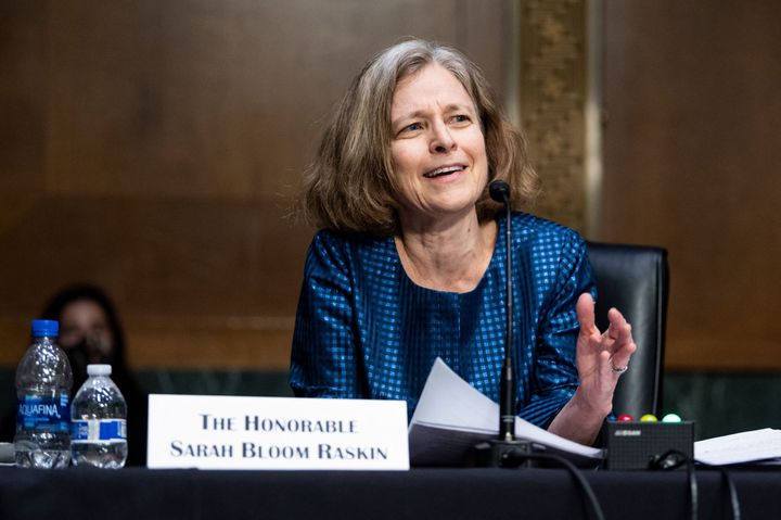 Sarah Bloom Raskin, the nominee for vice chair for supervision and a member of the Federal Reserve Board of Governors, speaks during the Senate Banking, Housing and Urban Affairs Committee confirmation hearing on Feb. 3.