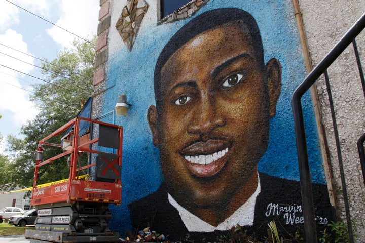 A mural depicting Ahmaud Arbery in Brunswick, Georgia. Arbery, 25, was murdered on Feb. 23, 2020.