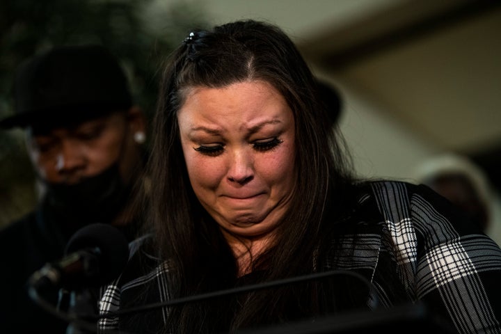 Katie Wright, mother of Daunte Wright, speaks about the sentencing hearing for former Brooklyn Center police officer Kim Potter at the Hennepin County Government Center on February 18, 2022 in Minneapolis, Minnesota.