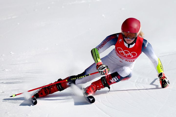 Mikaela Shiffrin competes during the mixed team parallel.