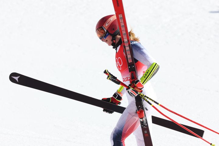 Mikaela Shiffrin exits after the mixed team parallel. The two-time gold medalist from previous Olympics will walk away from Beijing without a medal.