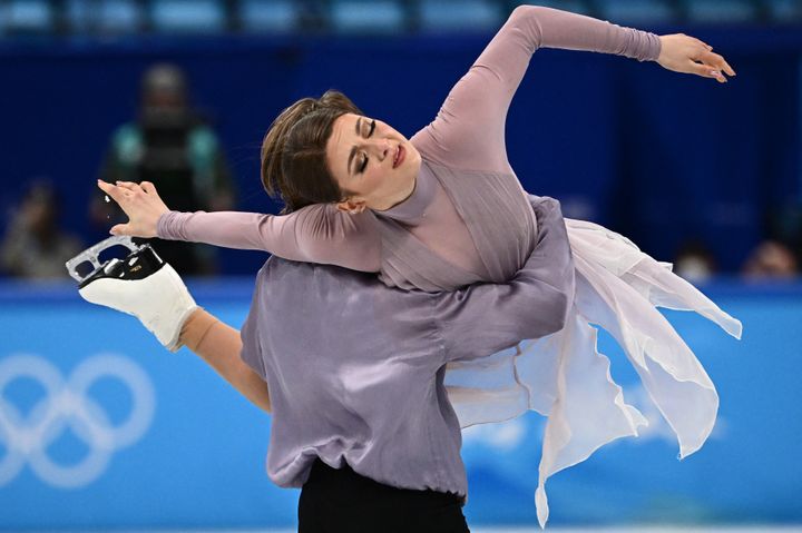 American skater Kaitlin Hawayek, shown competing in the ice dancing pairs competition in Beijing, said she had an eating disorder for several years.