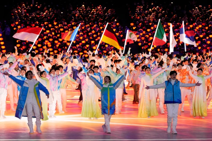 Dancers perform during the closing ceremony of the 2022 Winter Olympics, Sunday, Feb. 20, 2022, in Beijing. (AP Photo/Bernat Armangue)