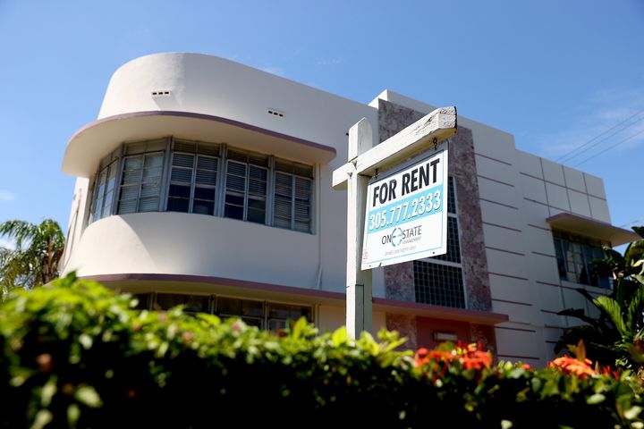 A rental sign hangs outside a building in Miami, Florida.