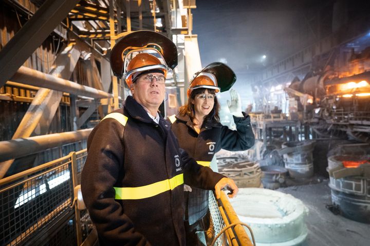 Labour leader Sir Keir Starmer and shadow chancellor Rachel Reeves watch a stainless steel making process in Sheffield.