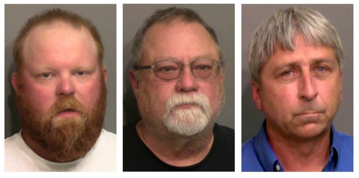 This combo of booking photos provided by the Glynn County, Ga., Detention Center, shows from left, Travis McMichael, his father Gregory McMichael, and William "Roddie" Bryan Jr. Legal experts say federal hate crimes charges in the 2020 chase and killing of Ahmaud Arbery could prove more difficult to prosecute than the fall murder trial that ended in convictions of three white men.