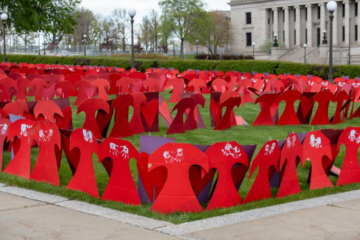 St. Paul, Minnesota: Memorial to the missing and murdered Indigenous women. Thousands of cardboard red dresses were set out on the State Capitol lawn to help represent what's happened historically to Native American women. across the nation.