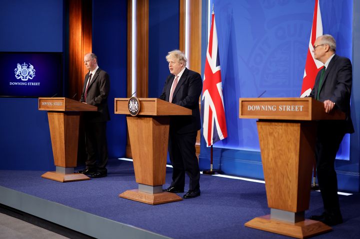 Chief medical officer Sir Chris Whitty, prime minister Boris Johnson and chief scientific adviser Sir Patrick Vallance during a media briefing in Downing Street.