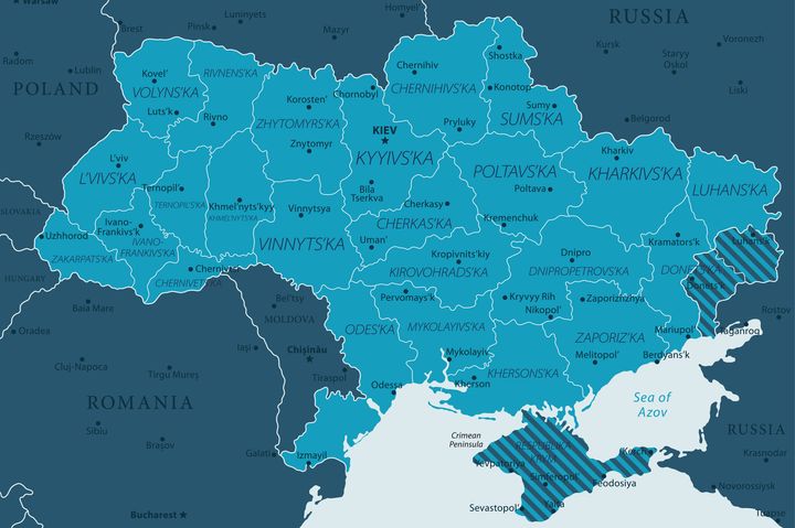 ロシア軍のウクライナ侵攻前の時点での「ドネツク人民共和国」と「ルガンスク人民共和国」の実効支配地域。画面右側の斜線部分のうち白線で囲まれた左下が「ドネツク人民共和国」。右上が「ルガンスク人民共和国」。画面中央下部の斜線部分はロシアが併合したクリミア半島