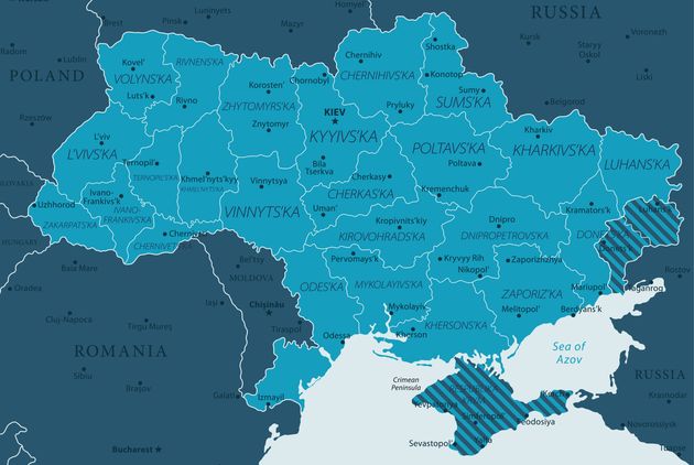 ウクライナの地図。画面右側の斜線部分のうち白線で囲まれた左側が「ドネツク人民共和国」、その右側が「ルガンスク人民共和国」の実効支配領域。画面下の斜線部分はロシアが併合したクリミア半島