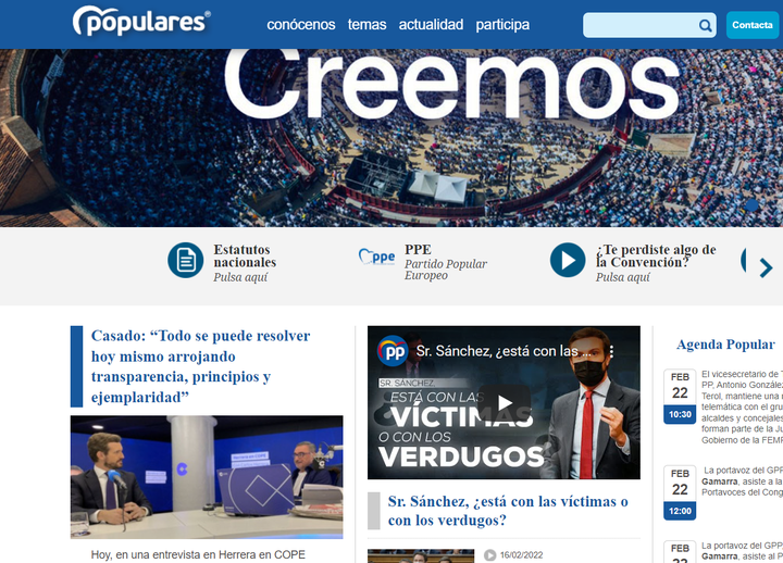 Portada de la web del PP a 23 de febrero