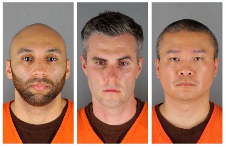 This combination of photos provided by the Hennepin County Sheriff's Office in Minnesota on June 3, 2020, shows, from left, former Minneapolis police officers J. Alexander Kueng, Thomas Lane and Tou Thao. The former policer officers are on trial in federal court accused of violating Floyd's civil rights as fellow Officer Derek Chauvin killed him. (Hennepin County Sheriff's Office via AP, File)