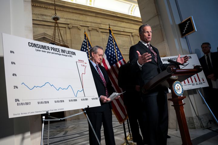Sen. John Thune (R-S.D.), joined by Sen. Mike Crapo (R-Idaho), speaks during a press conference on inflation at the Russell Senate Office Building on Feb. 16.