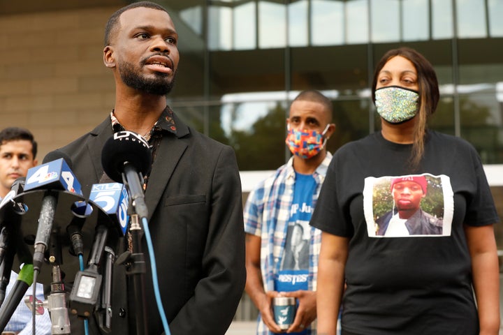 Activist Jerome Kitchen, left, a close friend of Gemmel Moore, who died in 2017 in the West Hollywood apartment of Ed Buck, addresses a July 2021 press conference with LaTisha Nixon, the mother of Gemmel Moore. Buck was convicted a few days later in the overdose deaths of Moore and Timothy Dean.