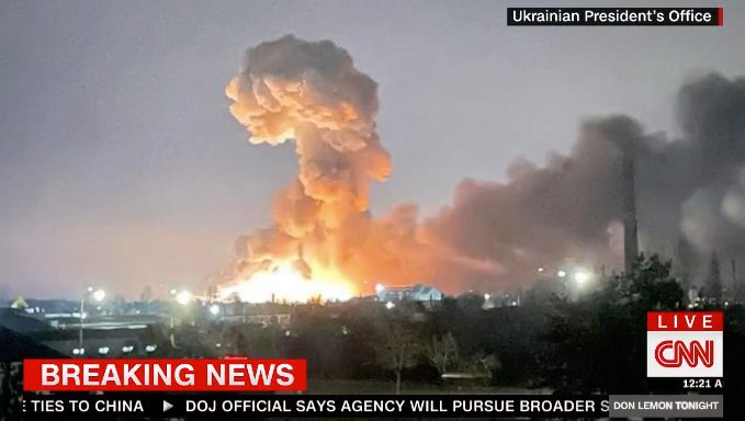 Image of explosion provided by Ukrainian president's office, shown on CNN with ''breaking news'' chyron.