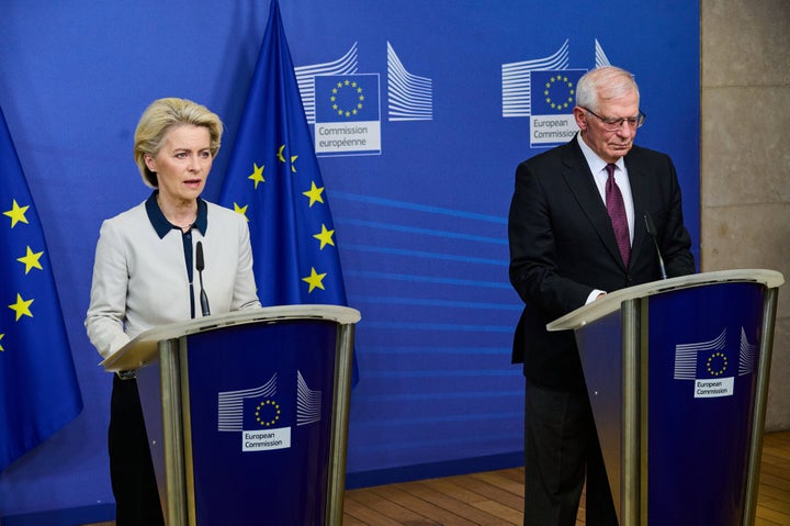 European Commission President Ursula von der Leyen and vice-president in charge of Foreign Policy Josep Borrell give a joint press statement on Russia's attack on Ukraine, in Brussels on Feb. 24, 2022, ahead of a EU special summit called today to "discuss the crisis and further restrictive measures" that "will impose massive and severe consequences on Russia for its actions."