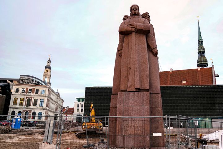 A monument to Red Latvian Riflemen stands in Riga, Latvia, on Feb. 23, 2022. 