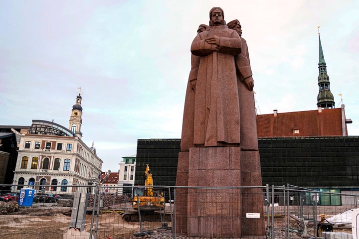 A monument to Red Latvian Riflemen stands in Riga, Latvia, on Feb. 23, 2022.