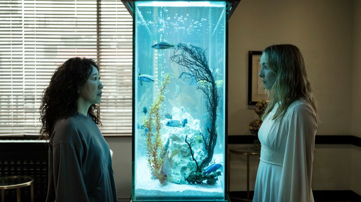 Eve (Sandra Oh) and Villanelle (Jodie Comer) staring through a fish tank in the final season of Killing Eve. The scene is an homage to Baz Luhrmann's Romeo + Juliet.