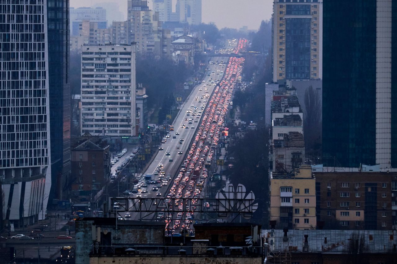 Those trying to leave Kyiv faced heavy traffic on Thursday.