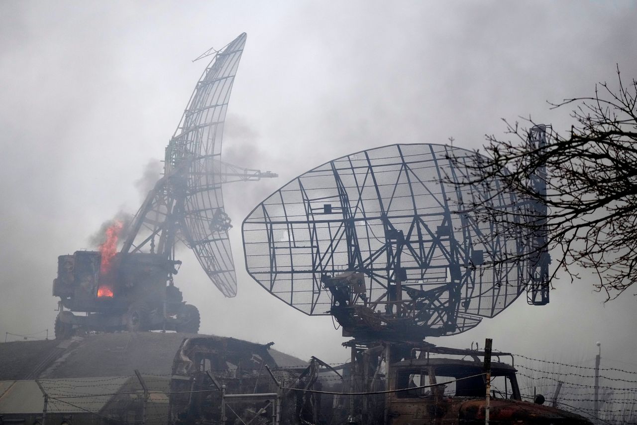 Damaged radar arrays and other equipment at a Ukrainian military facility outside Mariupol. 