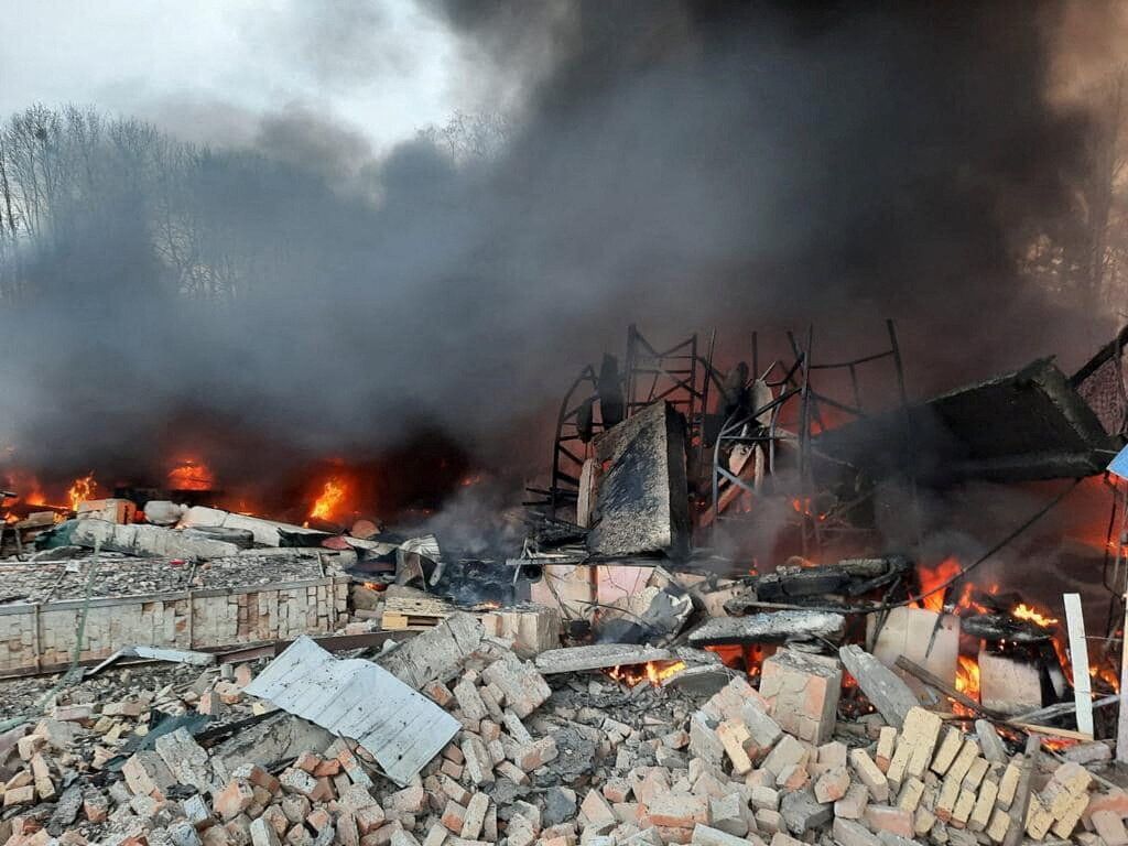 A view shows a Ukrainian State Border Guard Service site damaged by shelling in the Kyiv region.