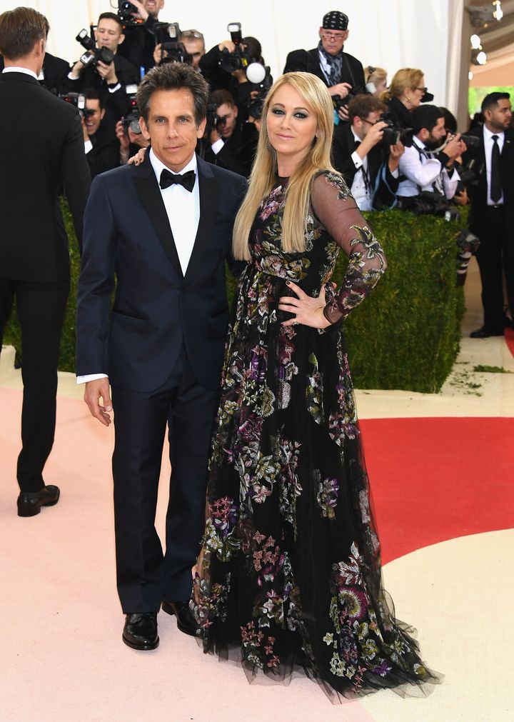 Actors Ben Stiller and Christine Taylor at the Met Gala at the Metropolitan Museum of Art on May 2, 2016, in New York City.